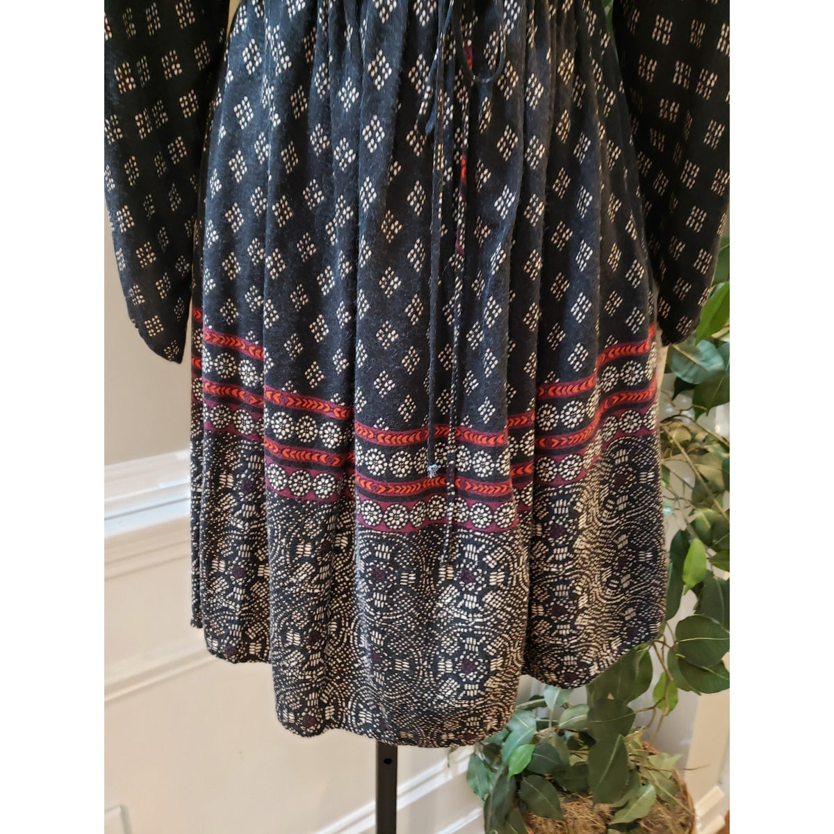 Abercrombie & Fitch Boho Mini Dress Womens XS Blue Argyle Tie Waist 3/4 Sleeve