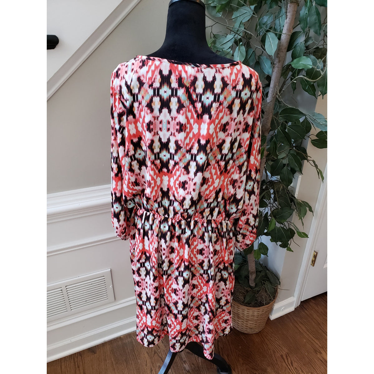 Uibar Rose Fit & Flare Dress Women's Size 2X Orange Beige Scoop Neck Long Sleeve