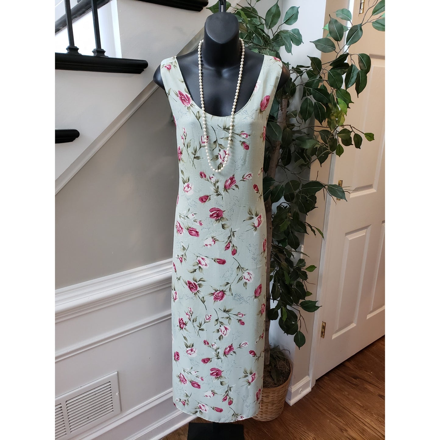 Studio C Long Maxi Dress Women's L Blue & Beige Reversible Scoop Neck Sleeveless
