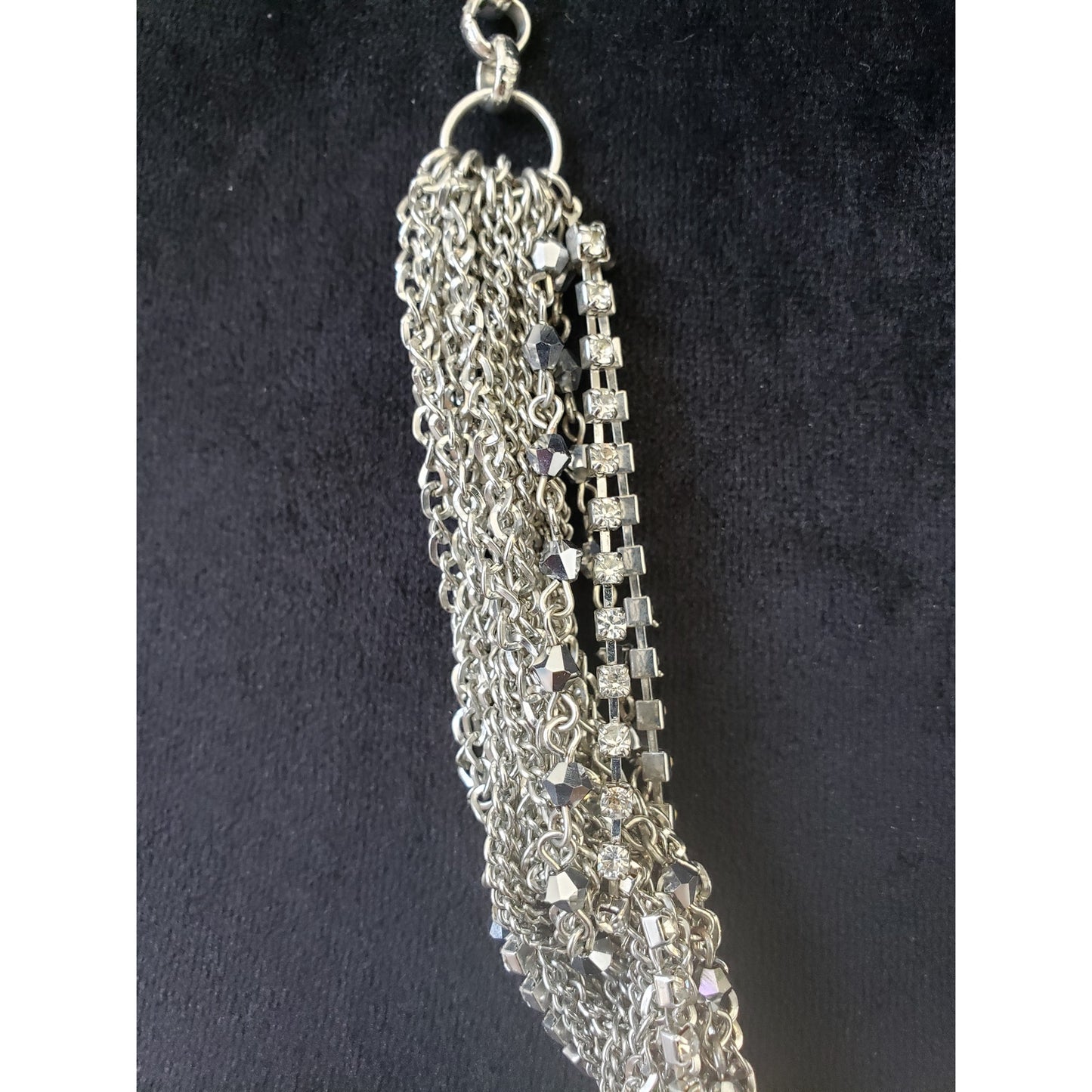 Womens Silver Tone Multi Strand Chains Rhinestone Strings Statement Necklace
