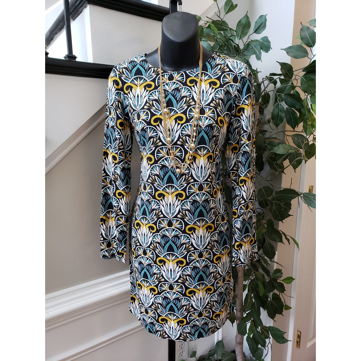 H&M Shift Dress Women Size 2 Multi Diamond Floral Viscose Long Sleeve Round Neck