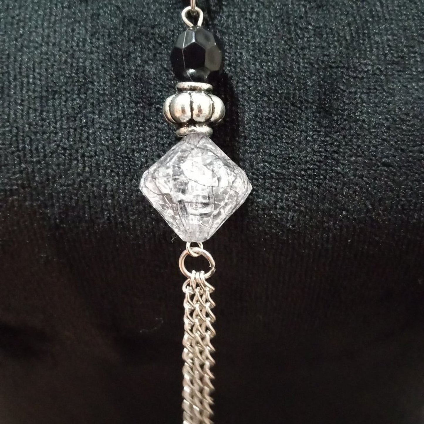 Women Fashion Elegant Clear & Black Rhinestone Silver Tassel Pendant Necklace