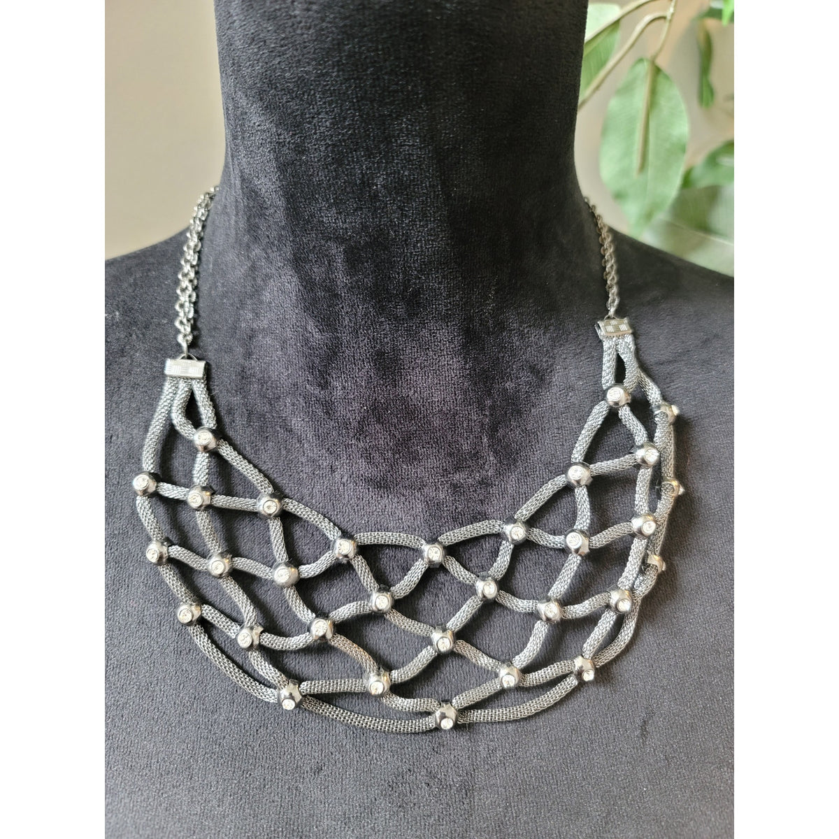 Serena Women's Silver Tone Mesh Net Bib Necklace With Rhinestone Accents
