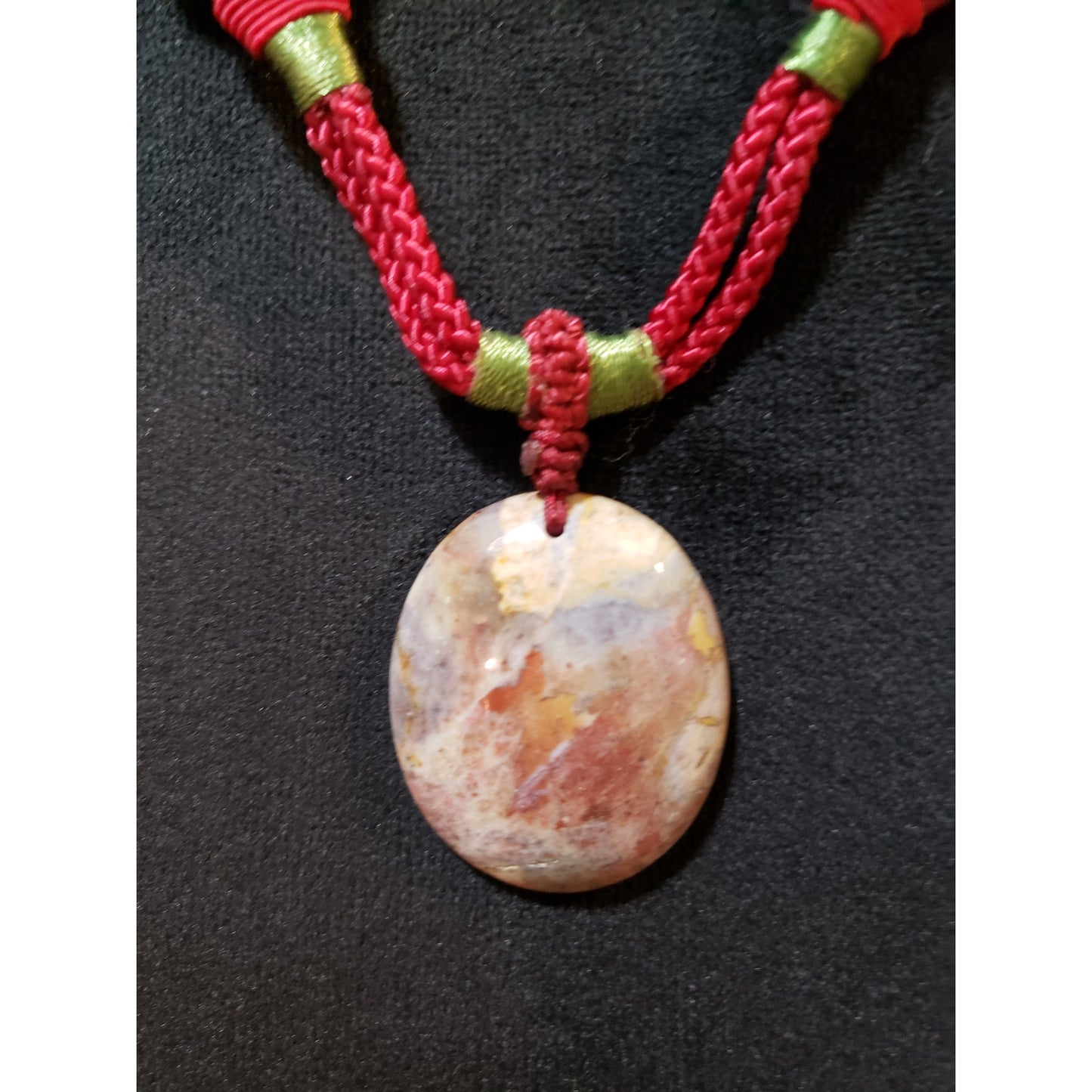 Womens Fashion Jasper Stone Red White Braided Rope Pendant Necklace Adjustable