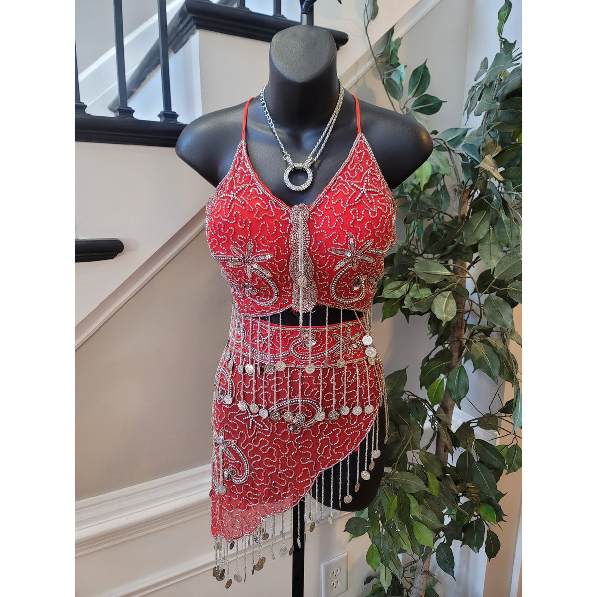 Custom Belly Dance Costume Large Red Halter Top Open Back Coin Skirt Padded Bra