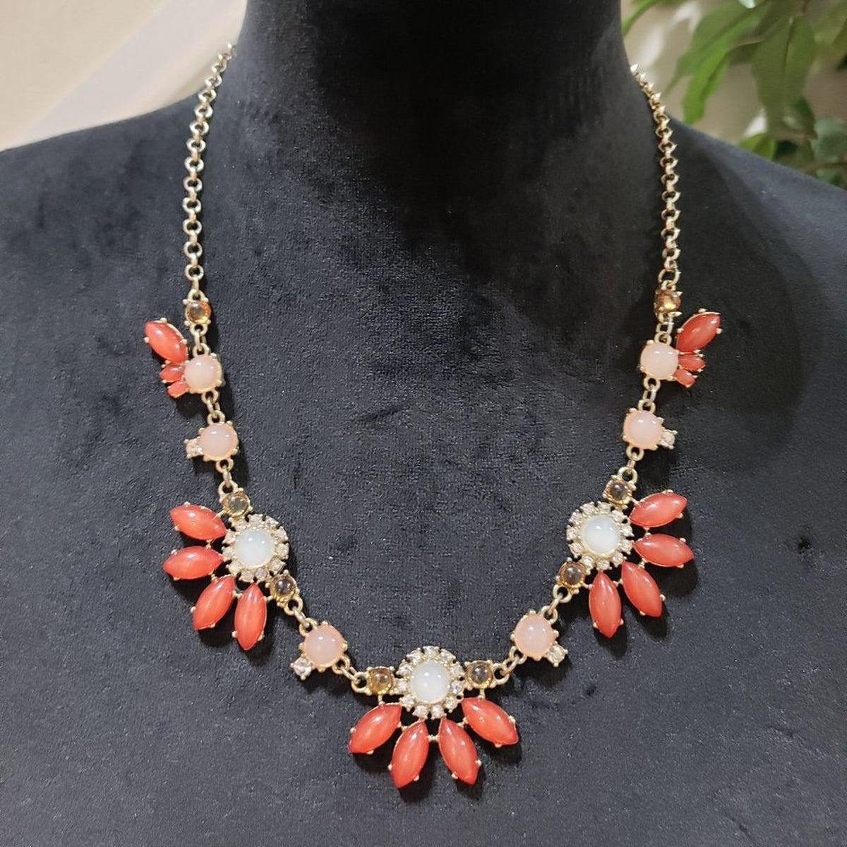 Womens Fashion Necklace Peach, & Orange Lucite, Rhinestones Crystals Necklace