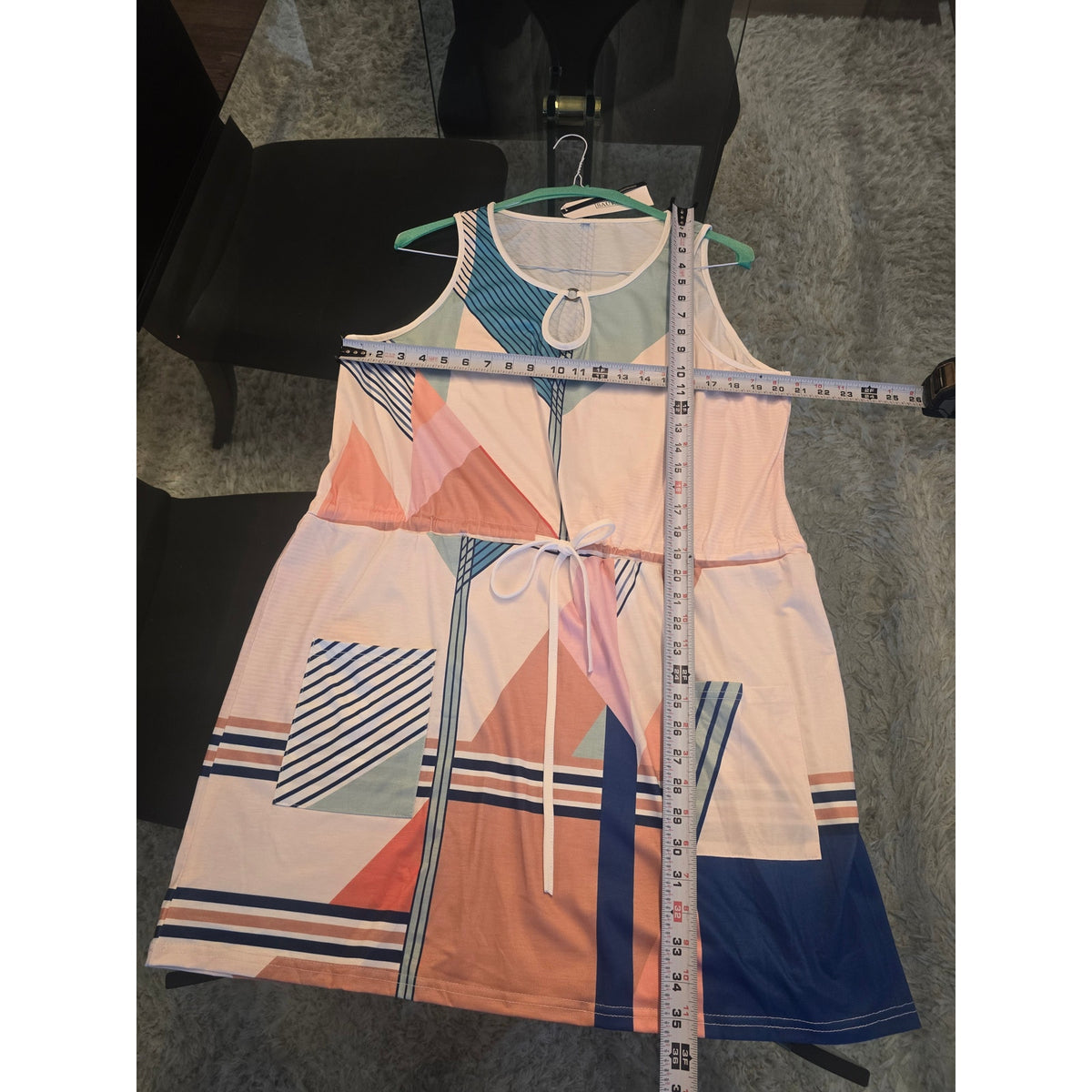 Saukole Mini Dress Women 2XL Multicolor Geometric Drawstring Waist Keyhole Neck
