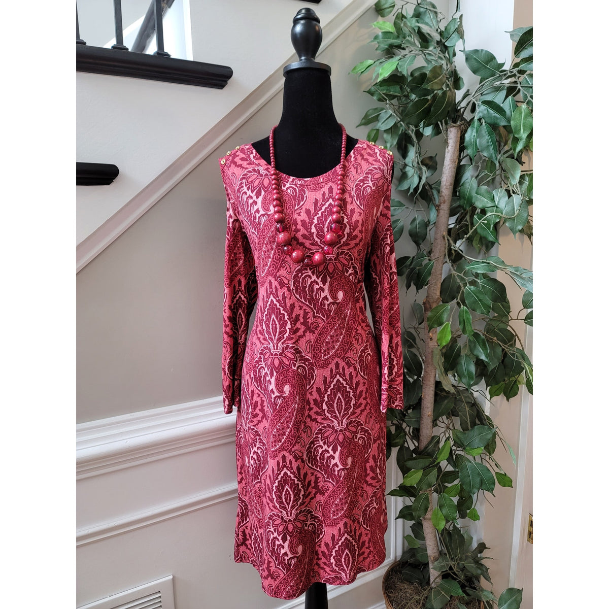 Michael Michael Kors Shirt Dress Women's Large Red Pink Polyester Long Sleeves