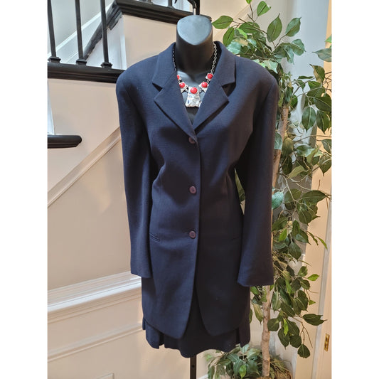 Josephine Chaus 2 Piece Blazer & Skrit Suit Womens 12 Blue 100% Wool Long Sleeve