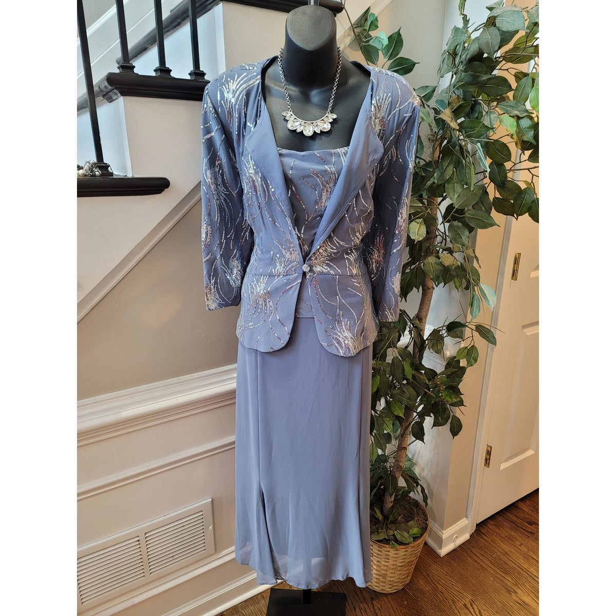 Alex Evenings Skirt Suit Women's SZ 18 Slate Blue Sequin Square Neck Back Zipper