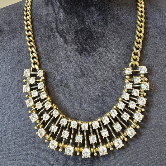 Womens Gold Tone Bib Rhinestone Statement Necklace Jewelry with Lobster Clasp