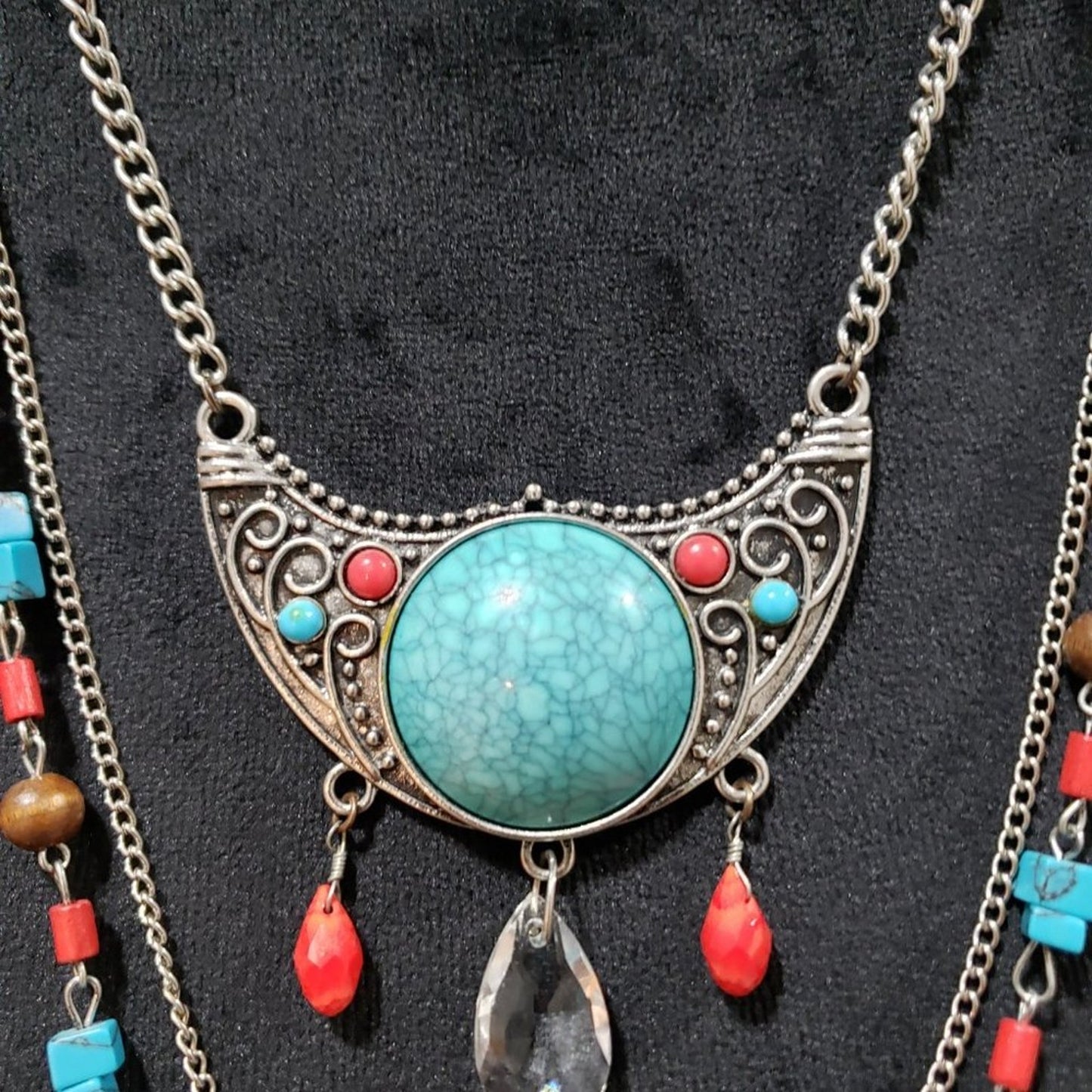 Women Fashion Silver Large Round Turquoise Stone Collar Necklace w/Lobster Clasp
