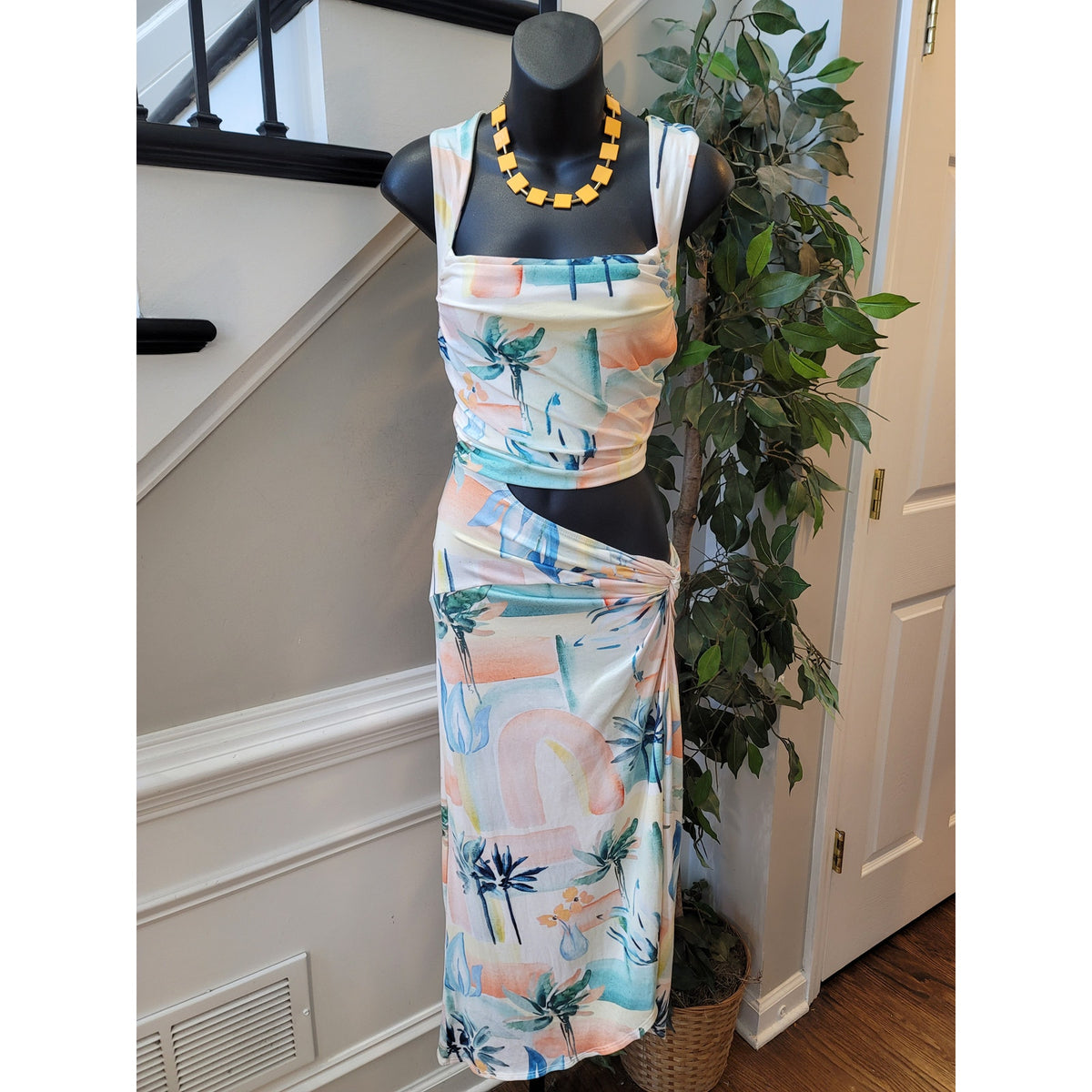 ASOS Midi Dress Women's 12 Multi Stretch Tropical Palm Tree Knot Front Ruched