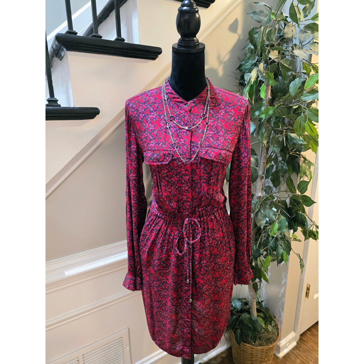 H&M Floral Shirt Dress Women's Size 10 Multicolor Collard Long Sleeves