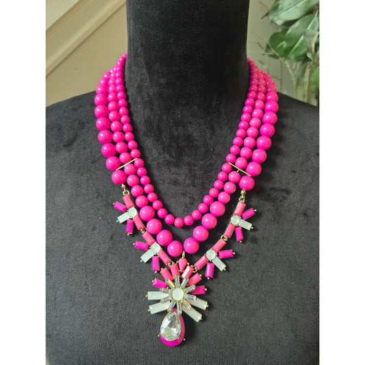 Hot Pink Fuchsia Multistrand Beaded Rhinestone Starburst Pendant Necklace