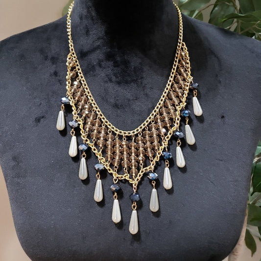 Womens Fashion Gold Tone Crystal Round Beads Collar Necklace with Lobster Clasp