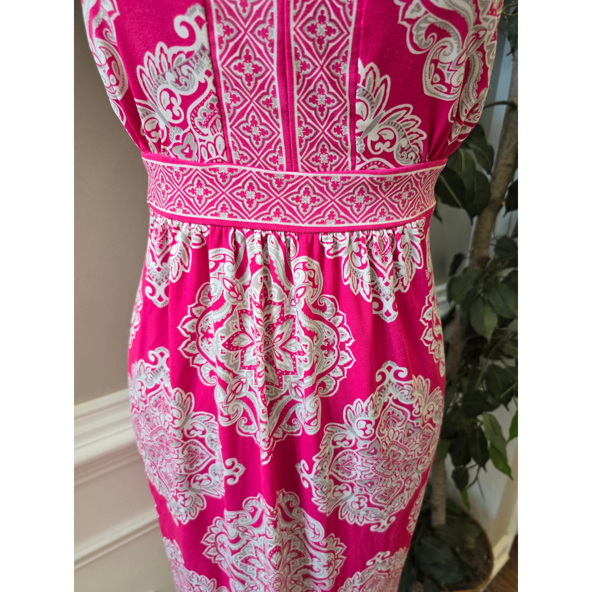 Apt 9 Midi Dress Women's Large Pink/White Geometric Pleated Stretch Empire Waist