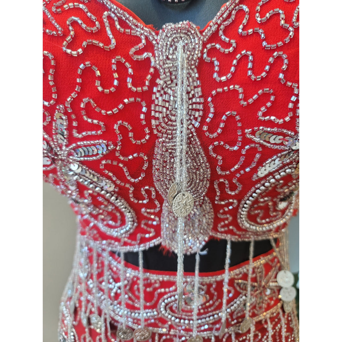 Custom Belly Dance Costume Large Red Halter Top Open Back Coin Skirt Padded Bra
