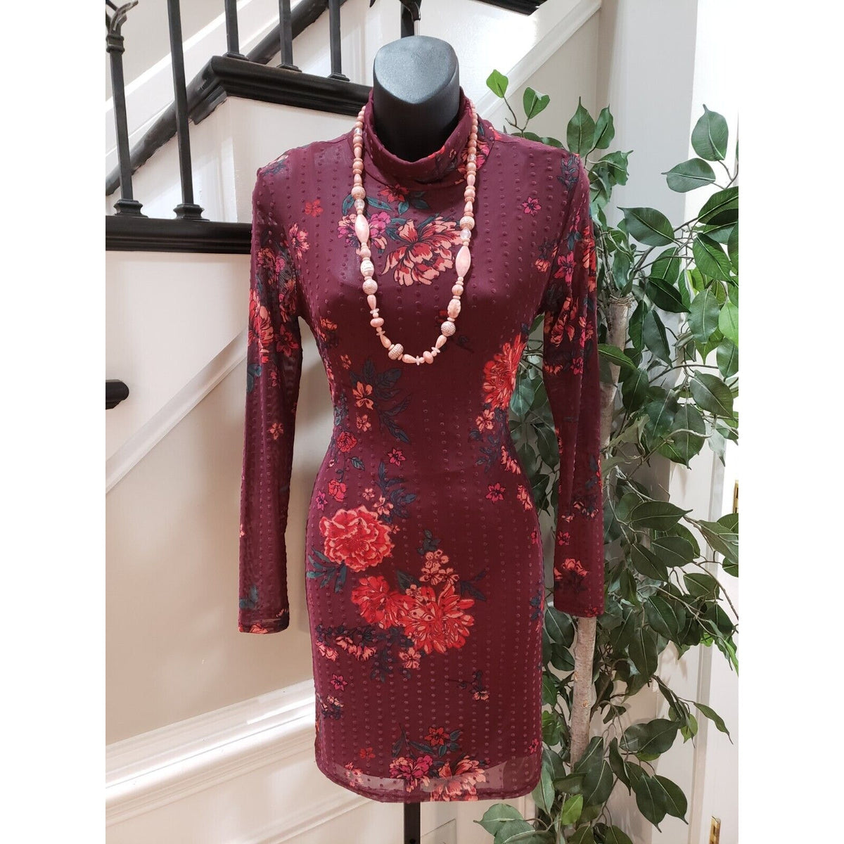 Planet Gold Maroon Dotted Mesh Floral Lined Mock Neck Knee Length Dress Size S