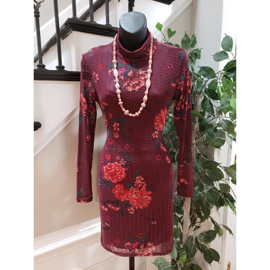 Planet Gold Maroon Dotted Mesh Floral Lined Mock Neck Knee Length Dress Size S