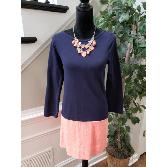 J. Crew Women's Blue Pink 100% Cotton Round Neck Long Sleeve Knee Length Dress S