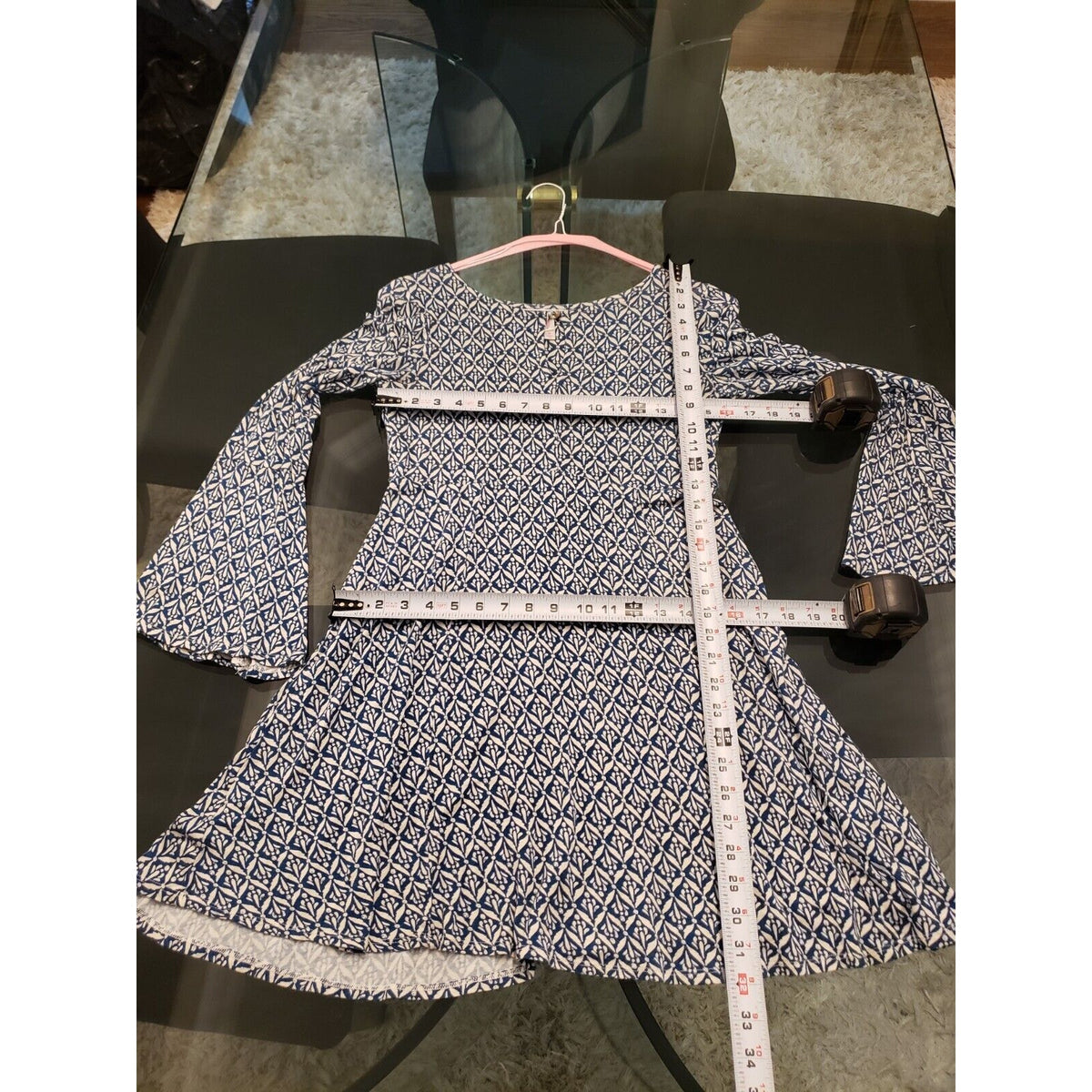 Xhilaration Women's Blue & White Rayon V-Neck Long Sleeve Knee Length Dress M