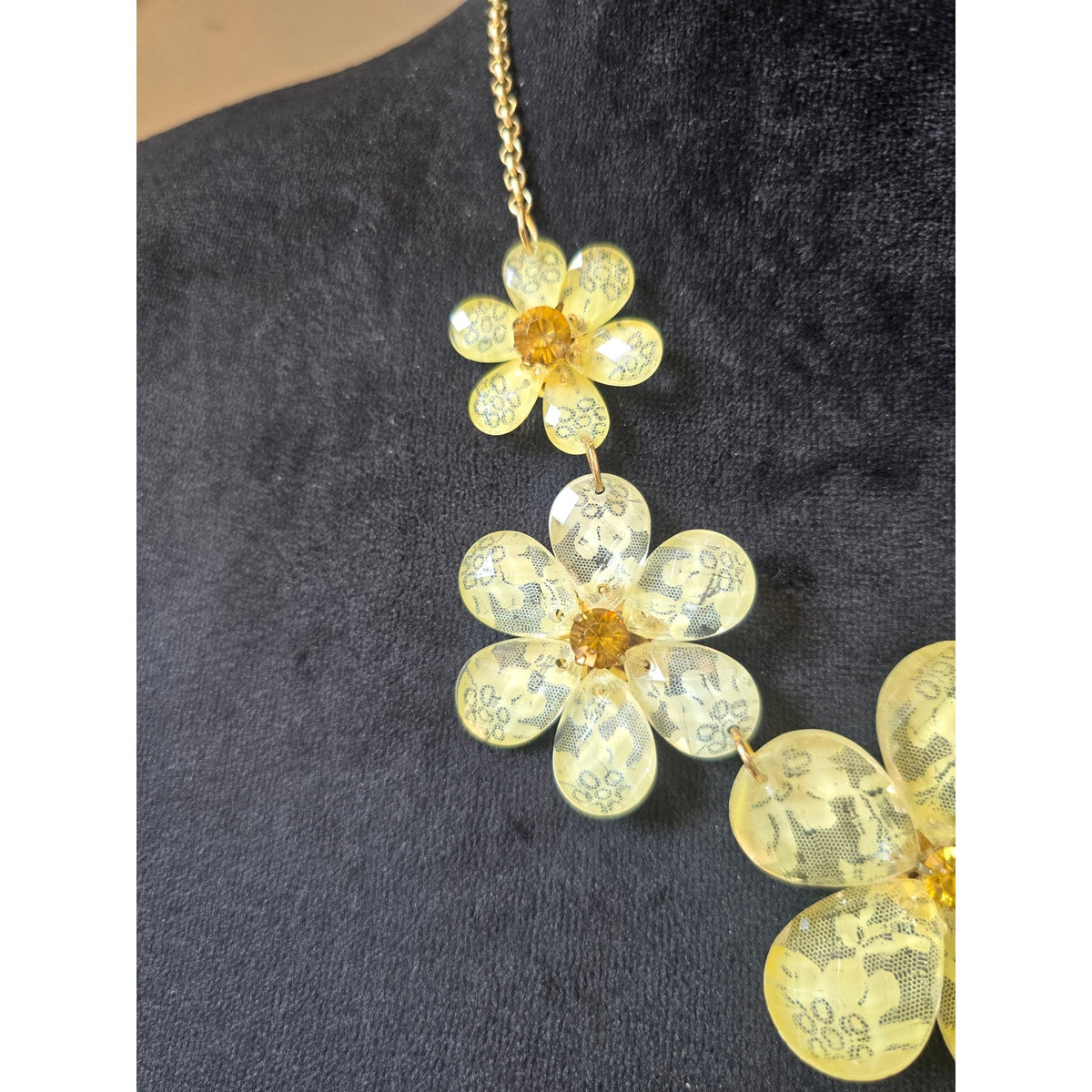 Gold Tone Yellow Floral Acrylic Statement Necklace