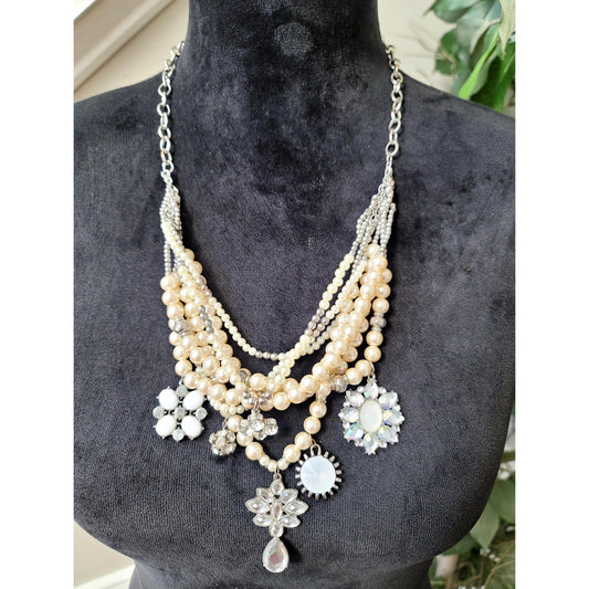 Women Multi Strand Faux Pearl Statement Necklace Crystal Floral Charm Bib