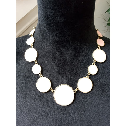 White Pink Enamel Disc Statement Necklace Gold Tone Geometric Bubble Bib Collar