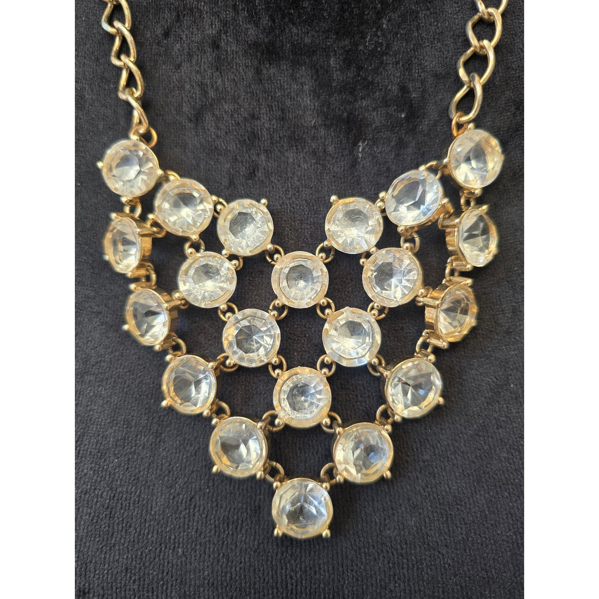 Gold Tone Clear Crystal Rhinestone Cascading Tiered Bib Necklace