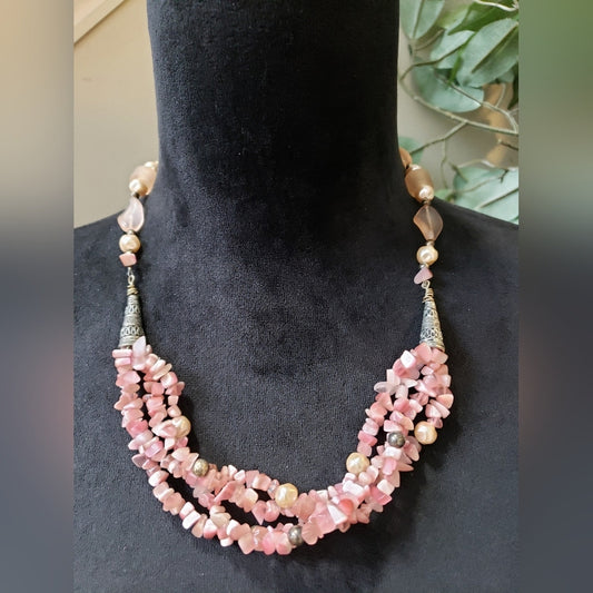 Womens Pink Opal Chips and Bright Brass Kumihimo Three Strand Collar Necklace