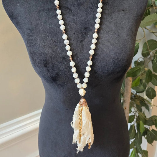 Womens White Faux Pearl Beaded Tassel Bohemian Necklace Jewelry w/ Lobster Clasp