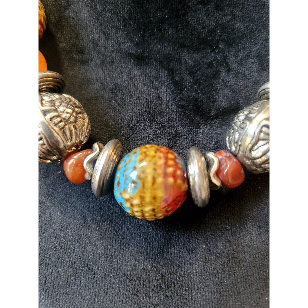 Southwestern Artisan Silver Tone Statement Necklace Multicolor Ceramic Beads