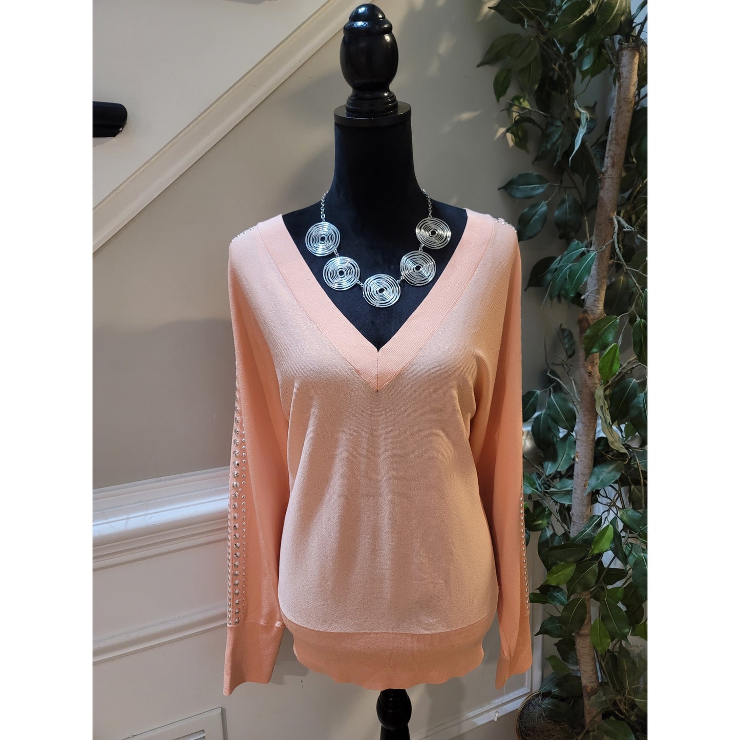 INC International Concepts Sweater Women's XL Peach V Neck Studded Sleeves