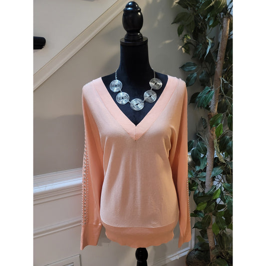 INC International Concepts Sweater Women's XL Peach V Neck Studded Sleeves
