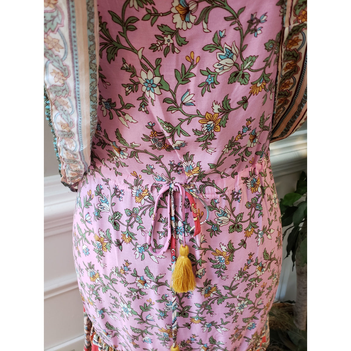 Aakaa Boho Strapless Dress Women’s Size M Pink Floral Paisley Rayon Festival