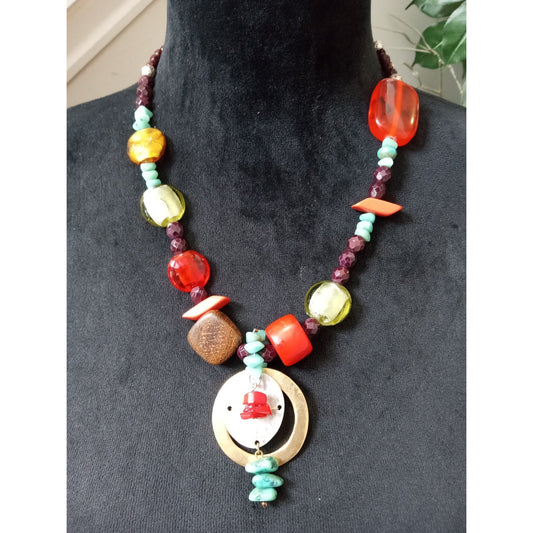Artisan Beaded Pendant Necklace Multicolor Glass Beads Boho Tribal Statement