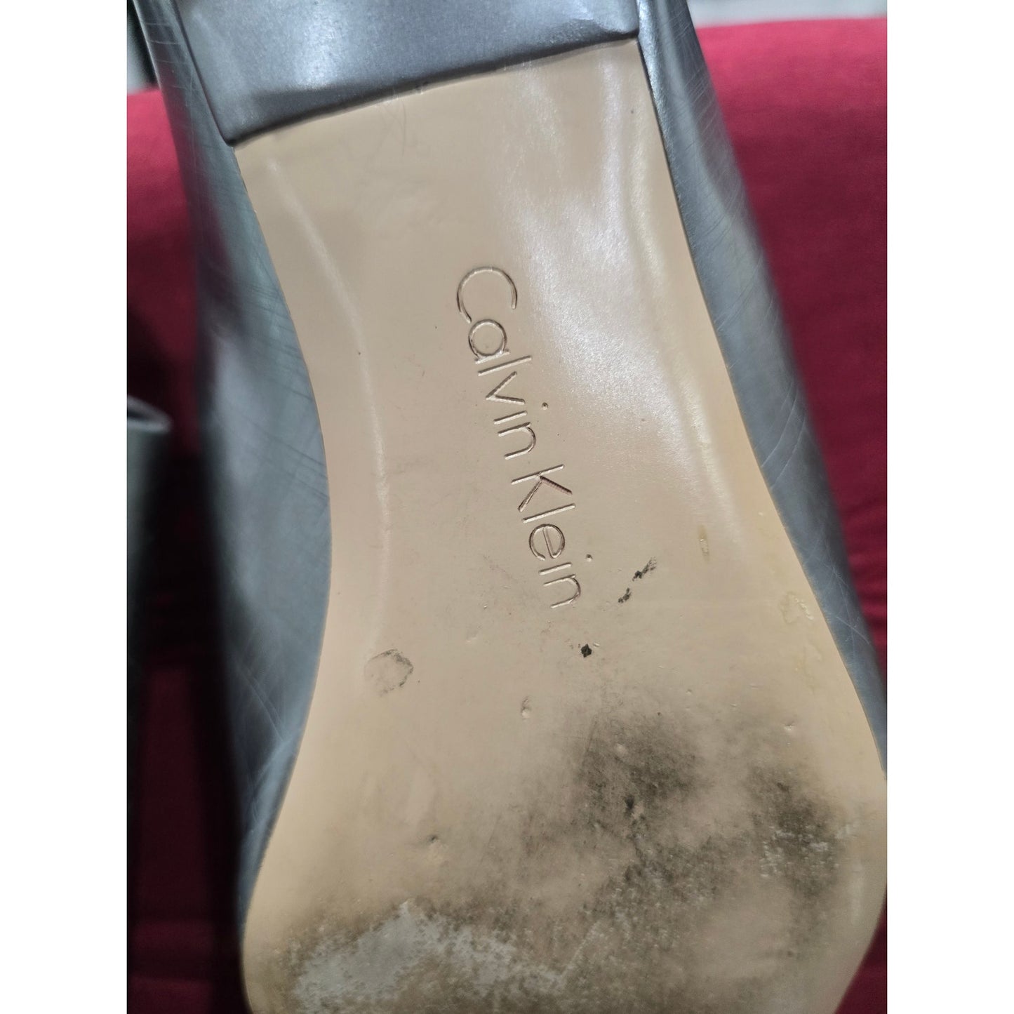 Calvin Klein Sandals Women's Size 8 Silver Leather Open Toe Slide Mule Heels