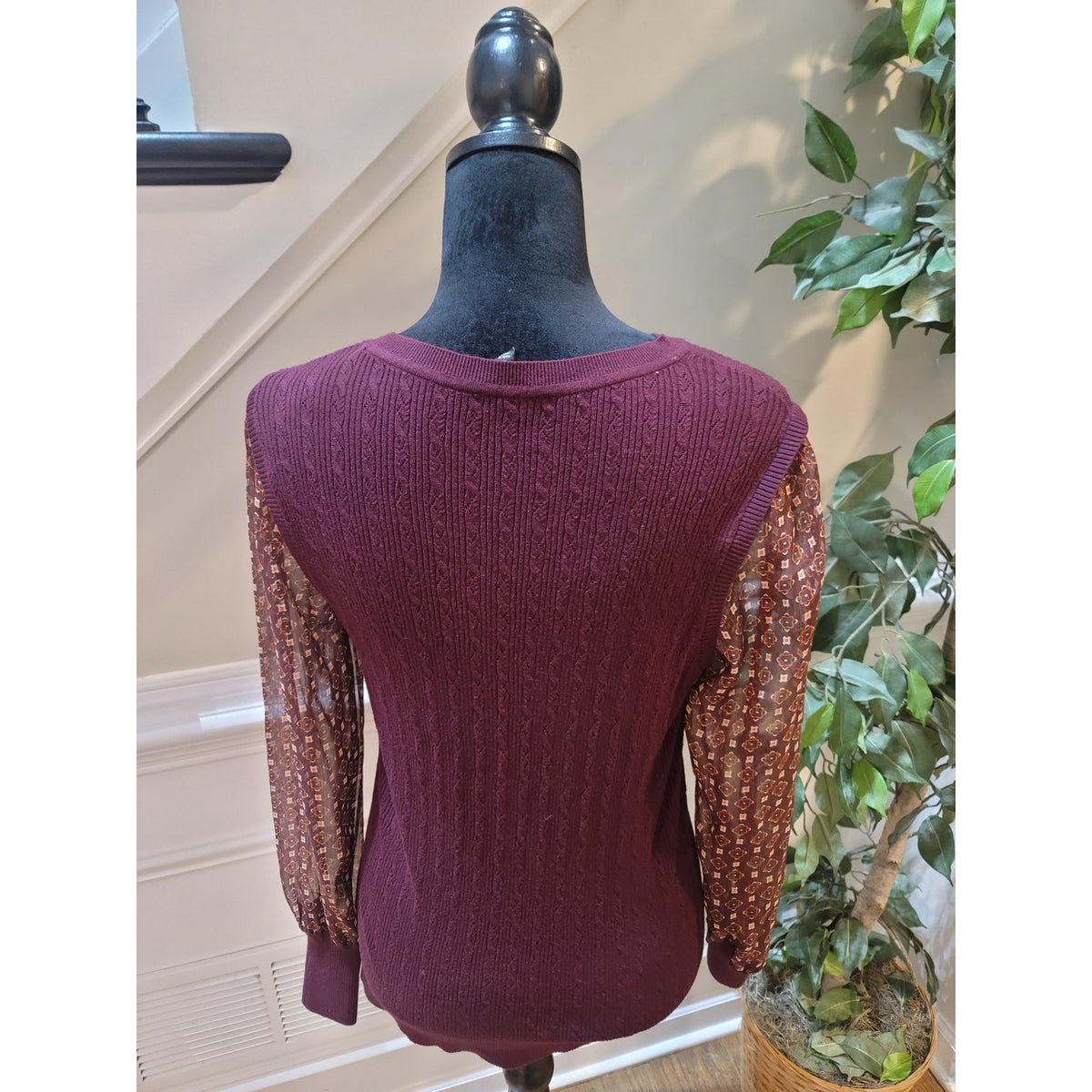 Talbots Cable Knit Sweater Women's Medium Burgundy Ribbed Hem Sheer Long Sleeve