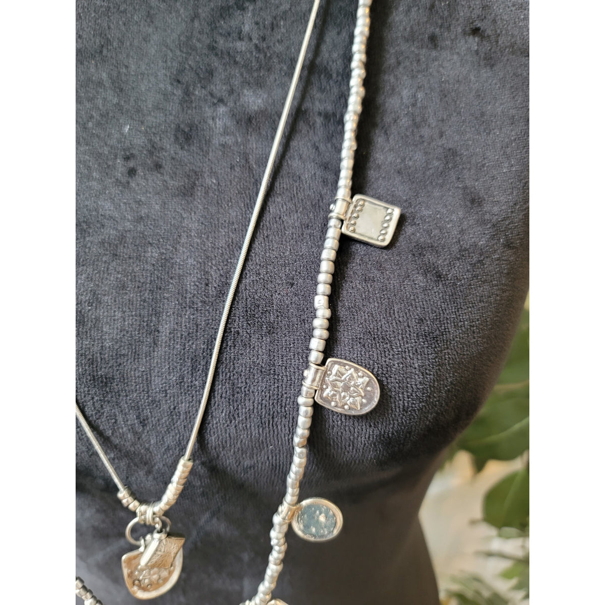 Chico's Women's Long Silver Beaded Necklace With Charms And Lobster Claw Lock