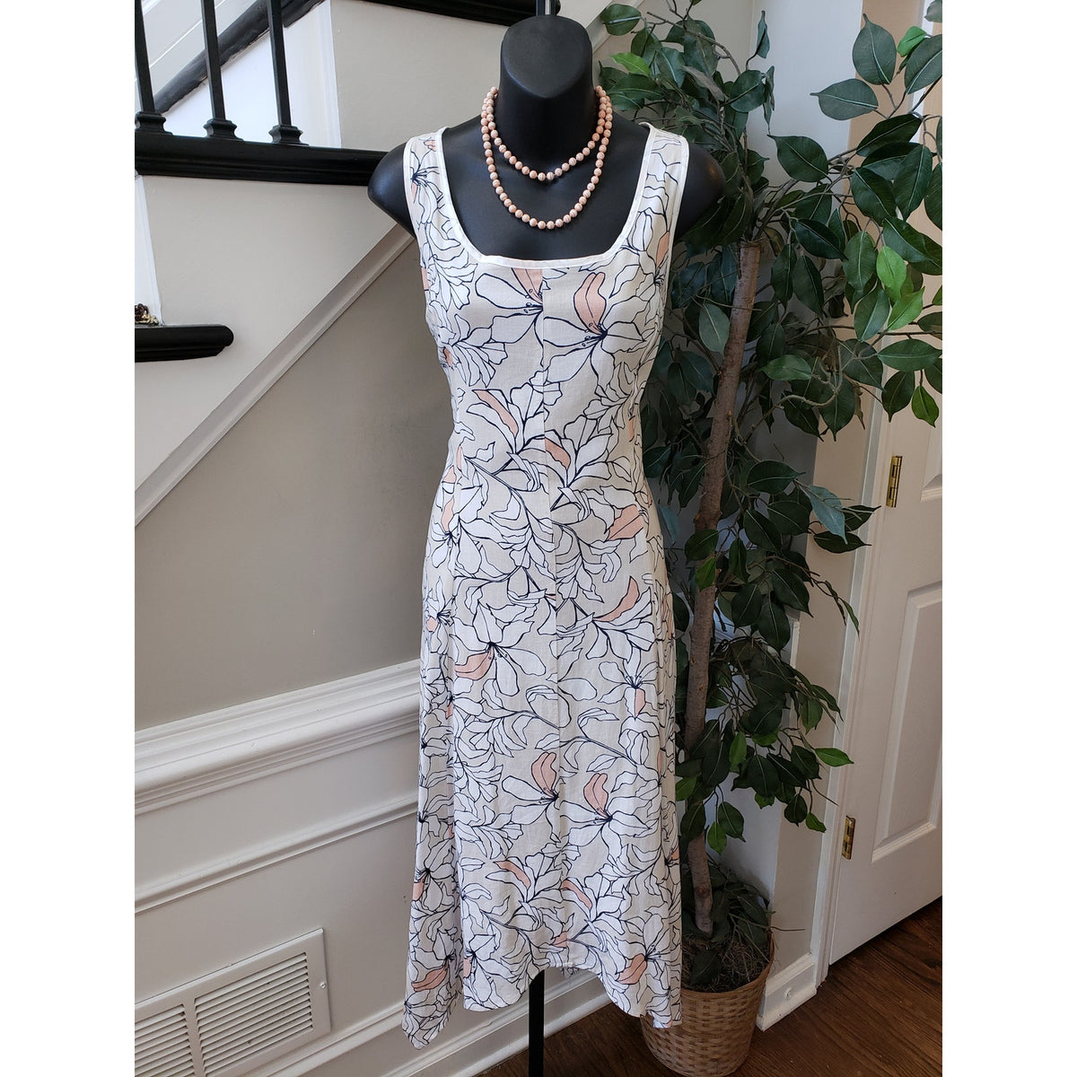 Jones New York Maxi Dress Linen 6 Ivory Floral Handkerchief Back Zip Square Neck
