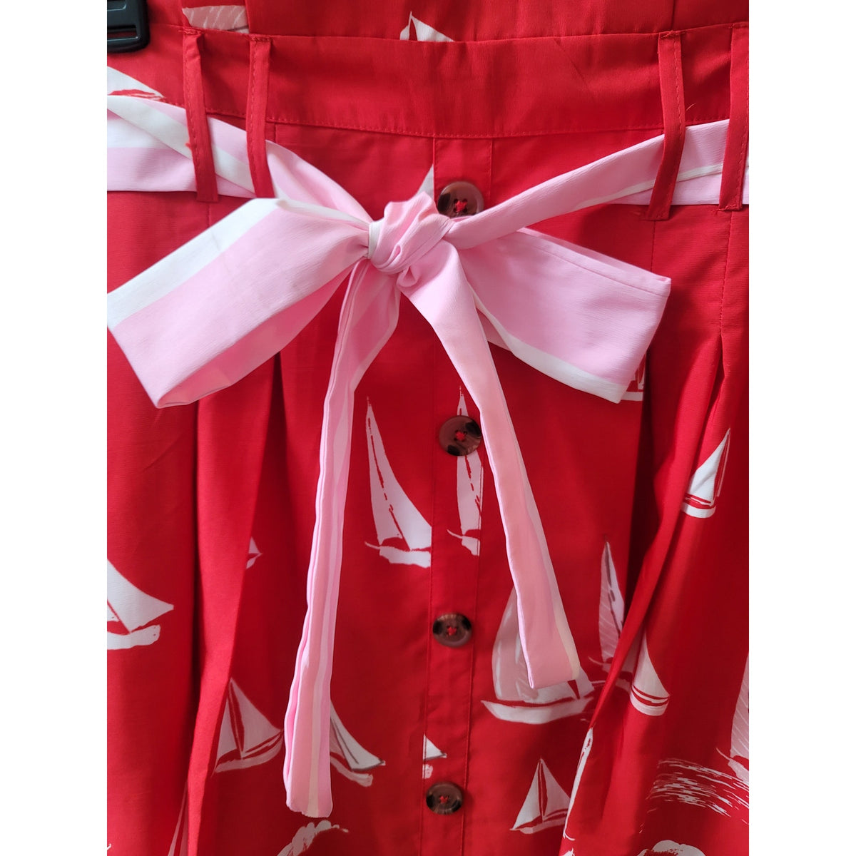 Her Destiny Midi Skirt Women's Large Red Sailboat Print Belt Loops Buttons Front