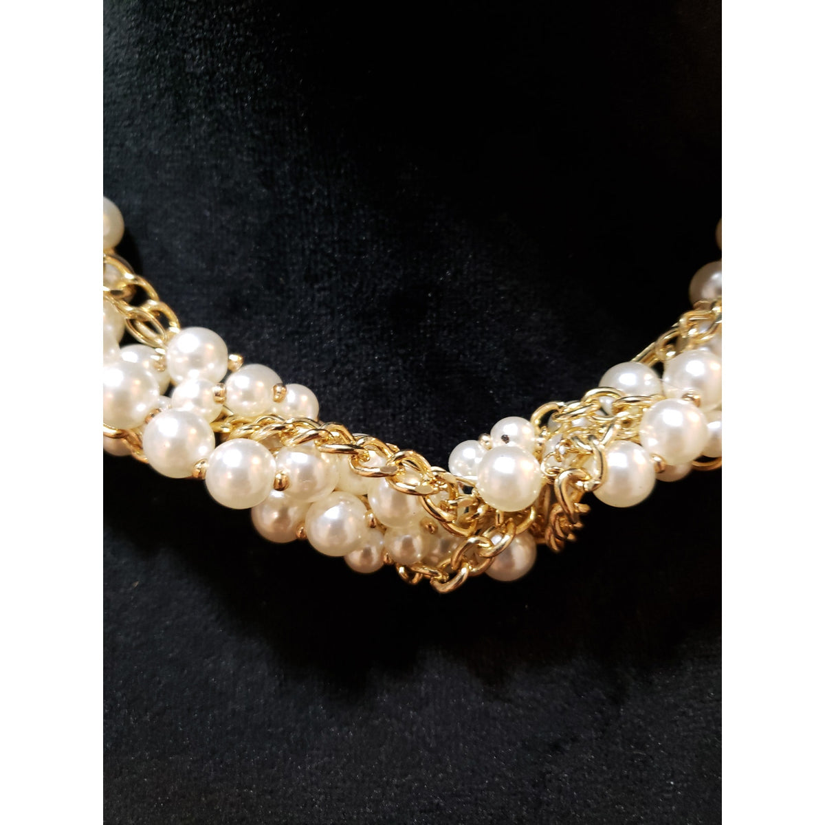Women Gold Tone Layered Ivory Faux Pearls Twisted Chains Collar Necklace Jewelry