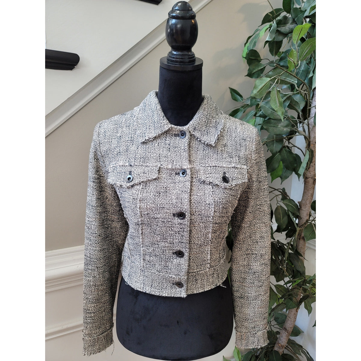 Milly Tweed Jacket Women's Small Gray Heathered Flap Pockets Button Up Front