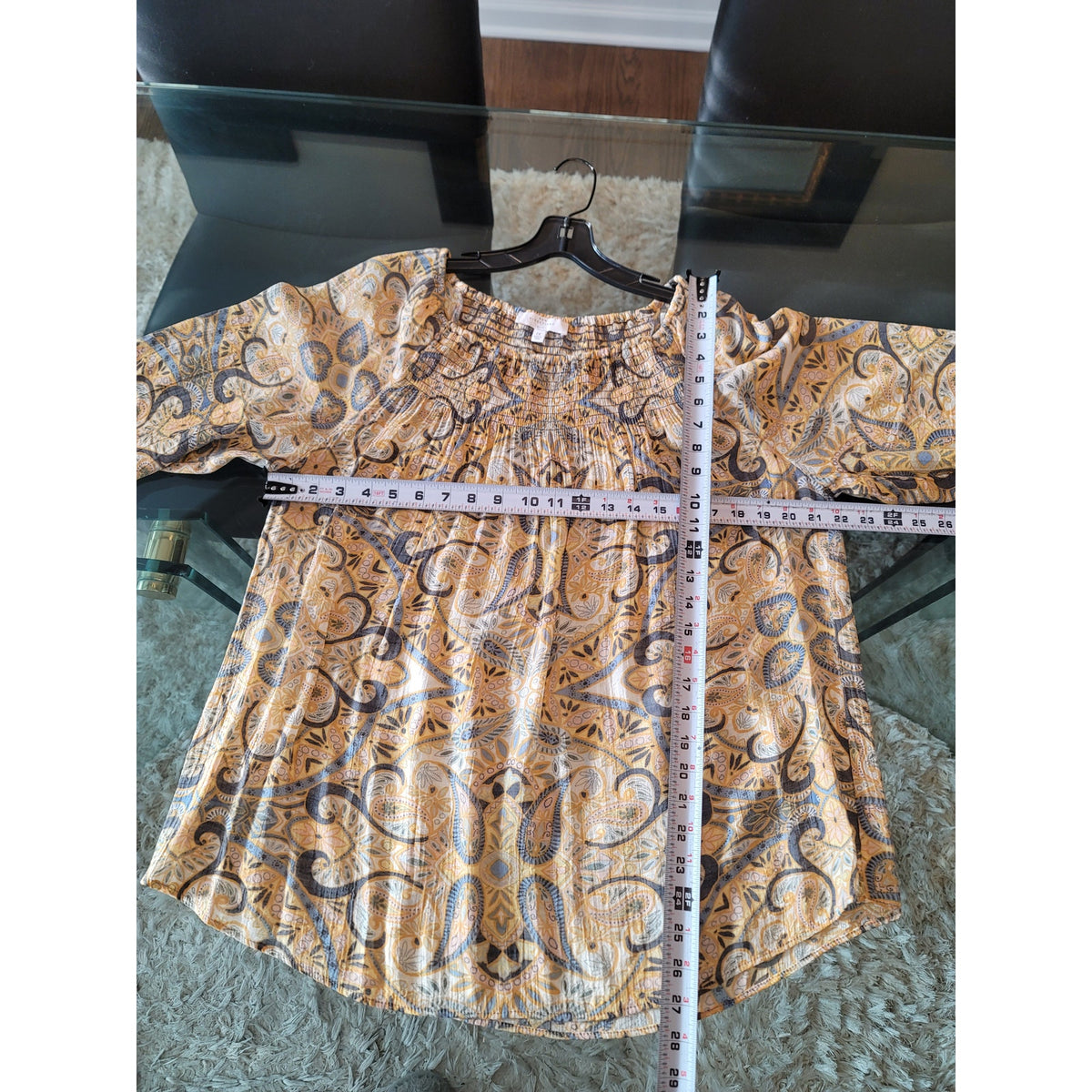New Directions Blouse 1X Multi Paisley Smocked Scoop Curved Long Sleeve Pullover