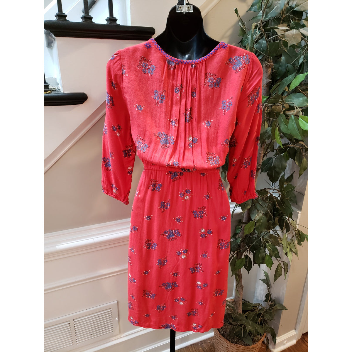 Old Navy Dress Maternity Women XS Red Rayon Floral Belted V-Neck Sleeve Lined