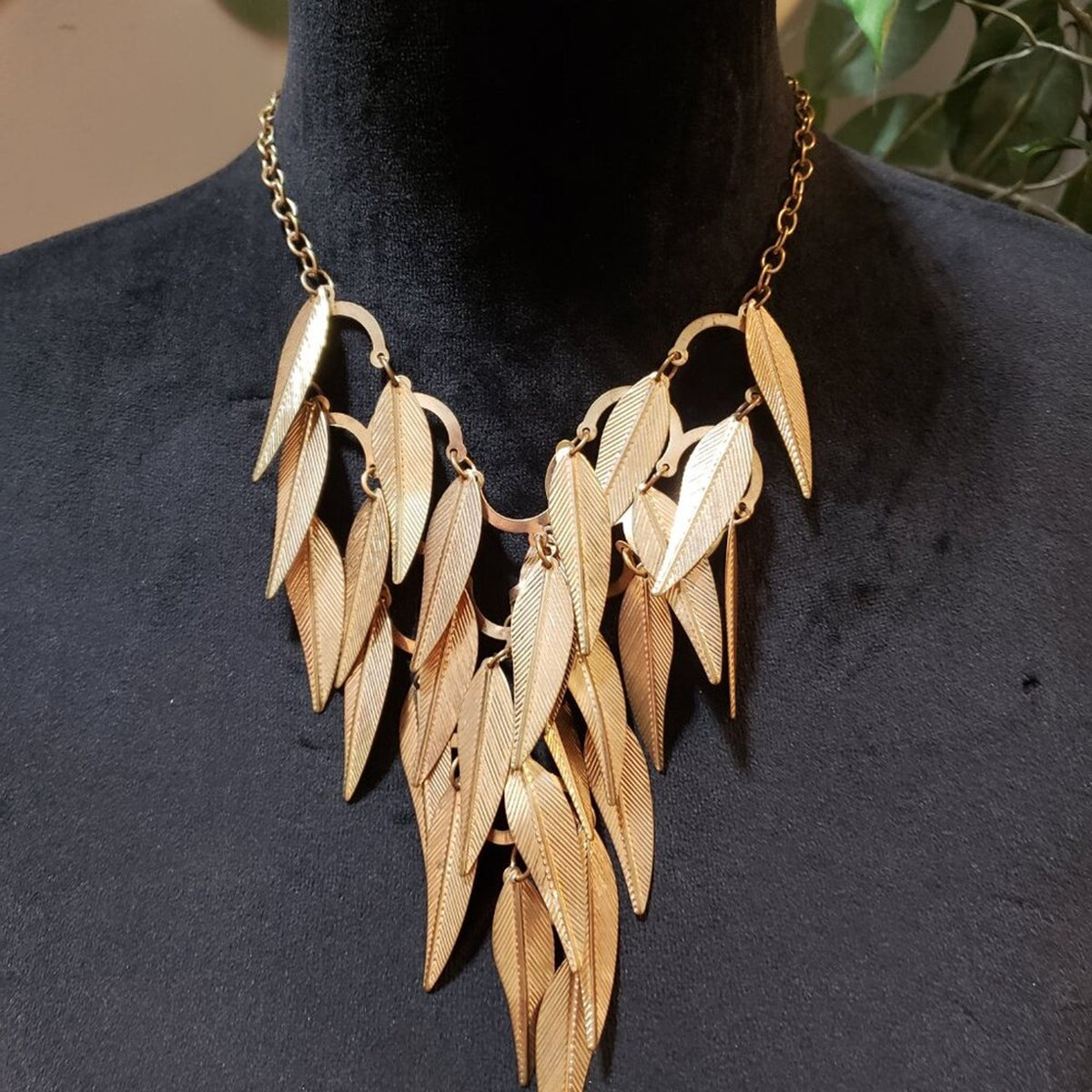 Womens Fashion Gold Tone Tiered Leaf Charm Chain Necklace with Lobster Clasp