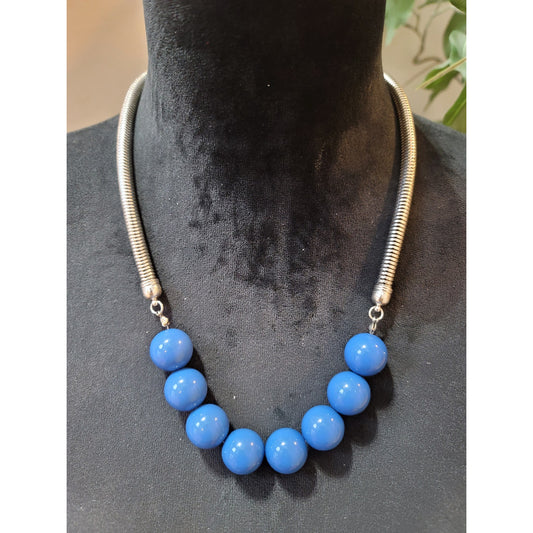 Women's Blue Beaded Necklace with Silver Tubing and Lobster Clasp
