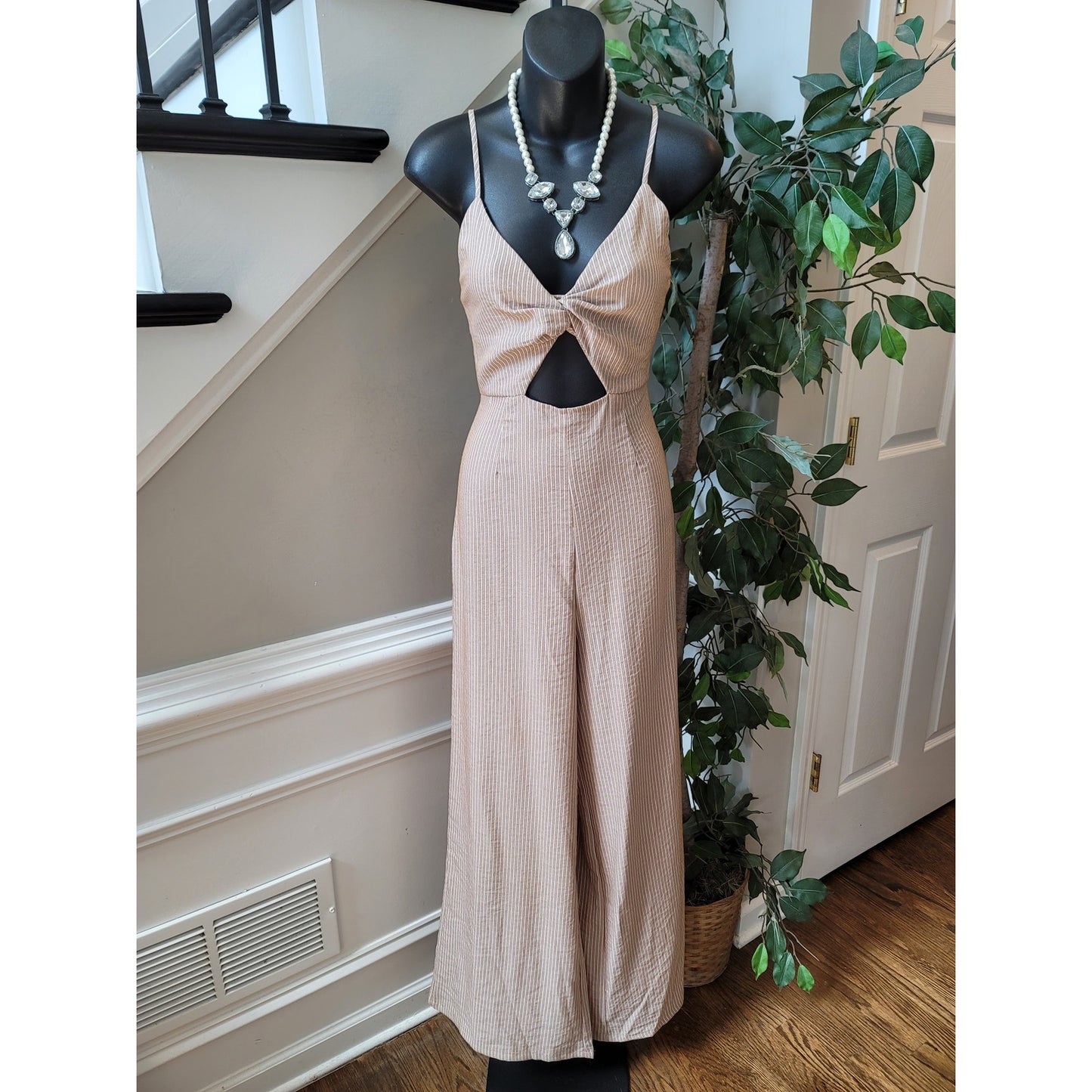 The Room Jumpsuit Women Medium Beige White Striped Cutout Wide Leg Sleeveless