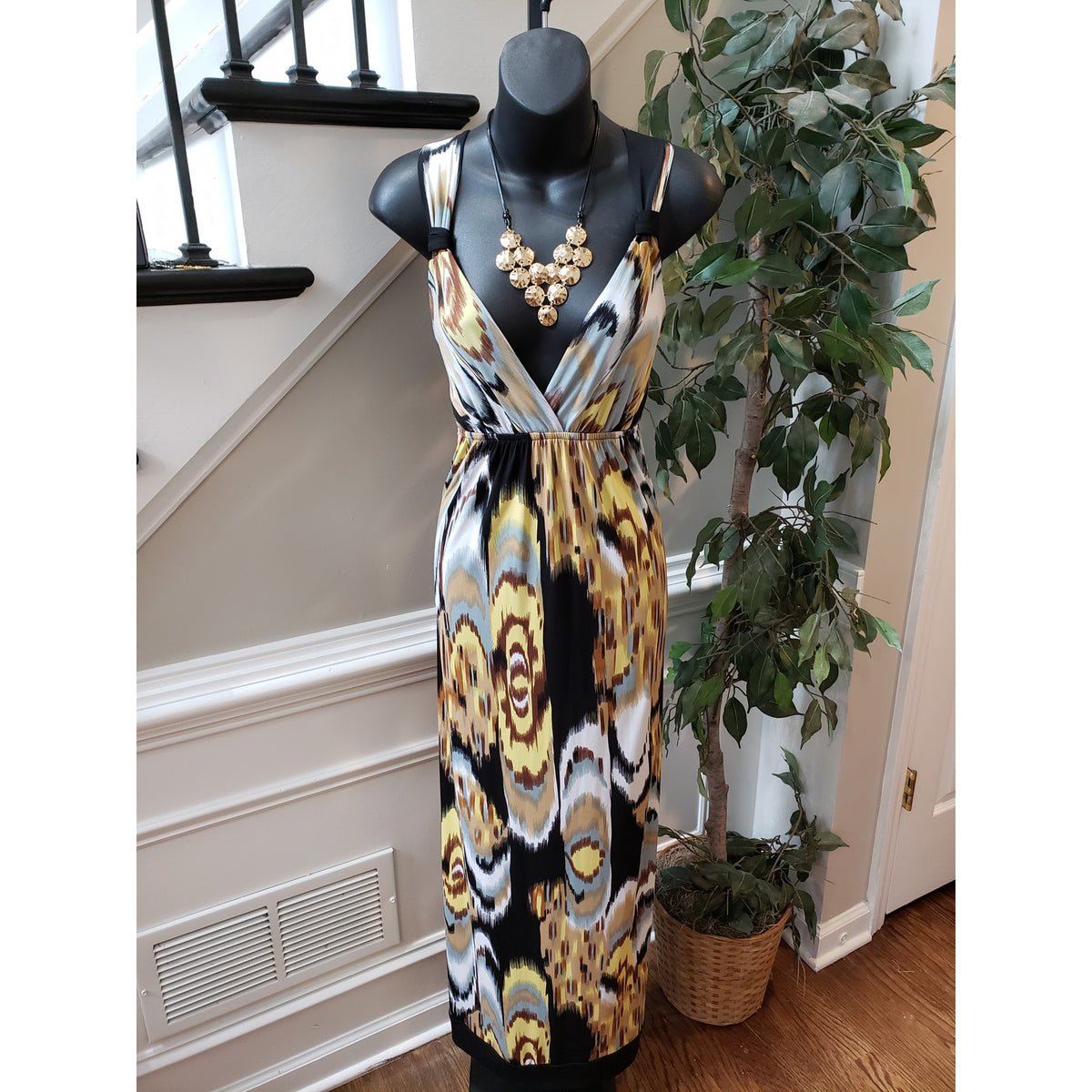 AGB Dress Women’s Size 6 Black Yellow Sleeveless Maxi Made in USA Stretchy